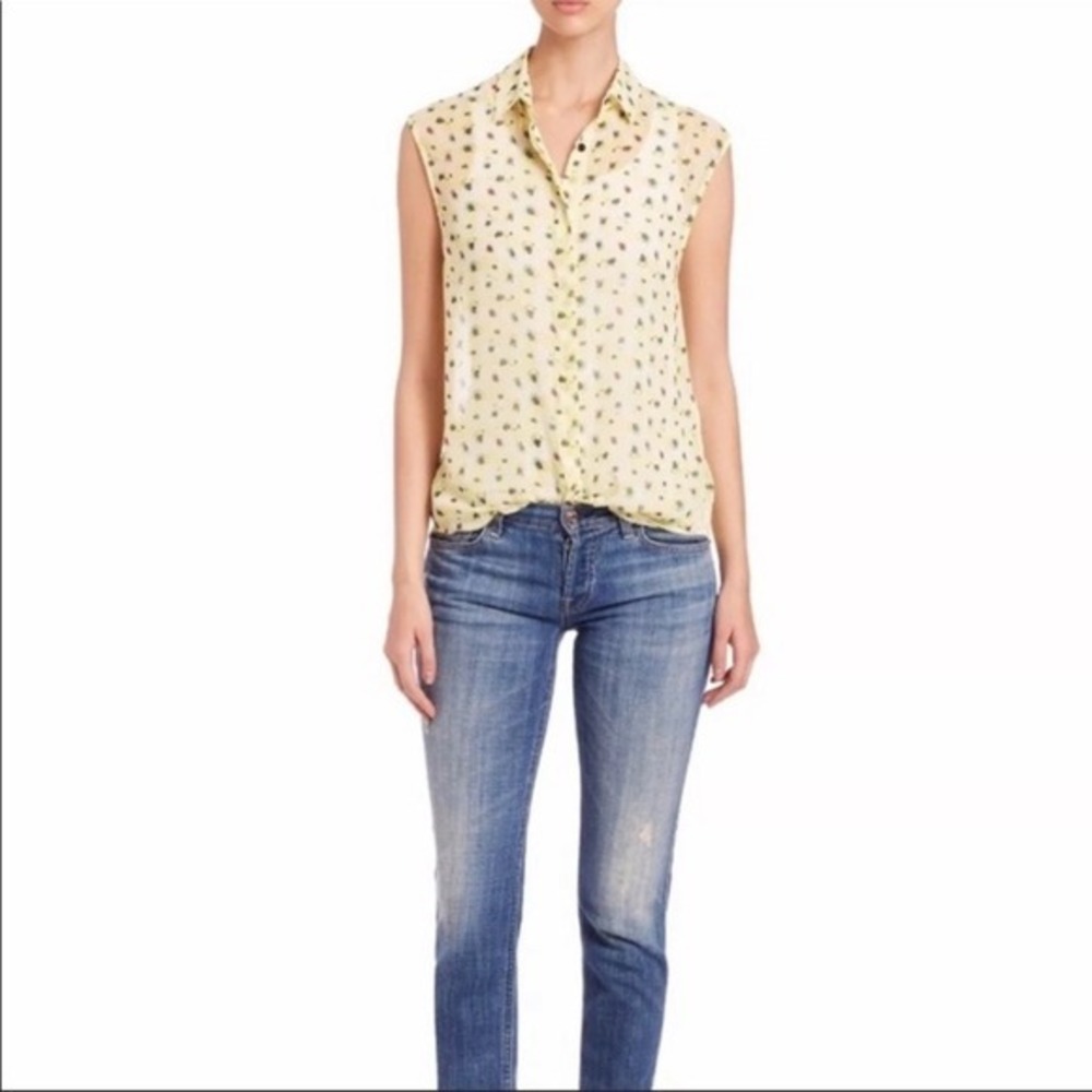 THE KOOPLES Anemone Floral Sheer Blouse Button Collar Yellow Floral Womens Sz Sm